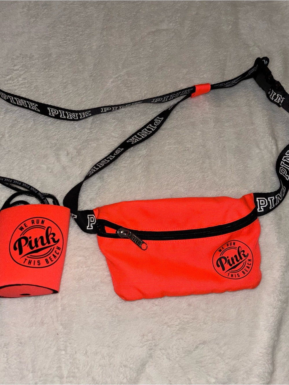 New Victoria's Secret Pink We Run This Beach Neon Orange Fanny Pack  &Can Koozie